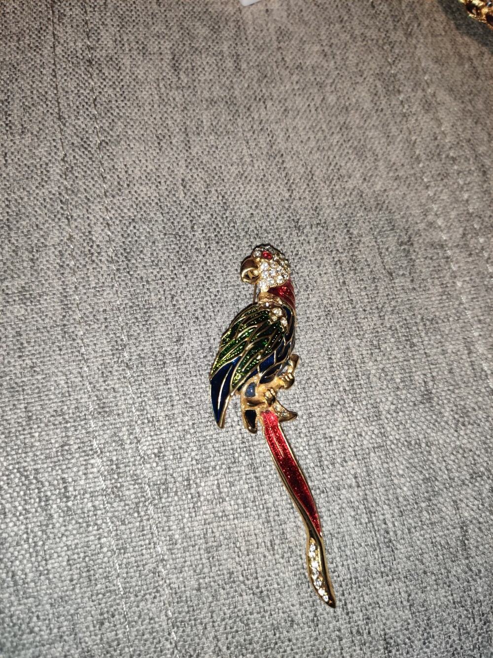 Vintage Gold Toned Red Blue And Green Enamel Macaw Parrot Bird Rhinestone Brooch